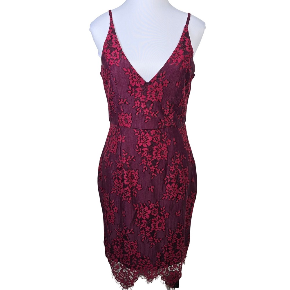 Minuet Burgundy Red Floral Lace V-Neck Bodycon Dress Eyelash Hem 9958 Medium NWT